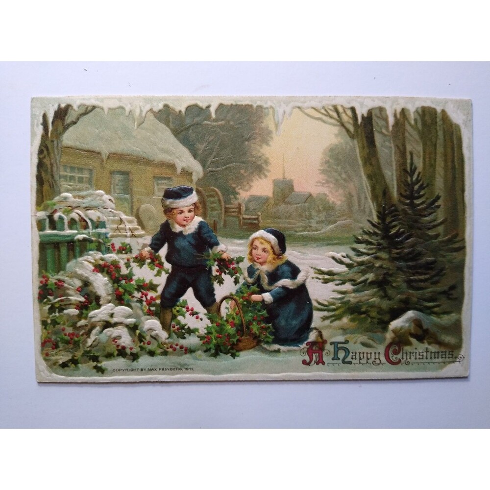 1911 Embossed Christmas Postcard Children Winter Scene Germany Max Feinberg